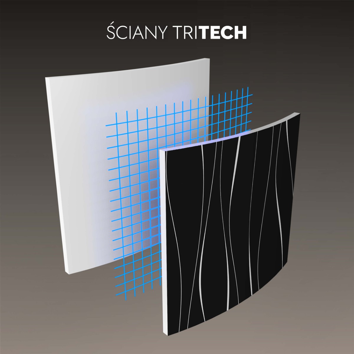 Trzy warstwy materiału: zewnętrzną z wzorem marmuru, środkową z niebieską siatką poliestrową oraz wewnętrzną, białą warstwę PVC.